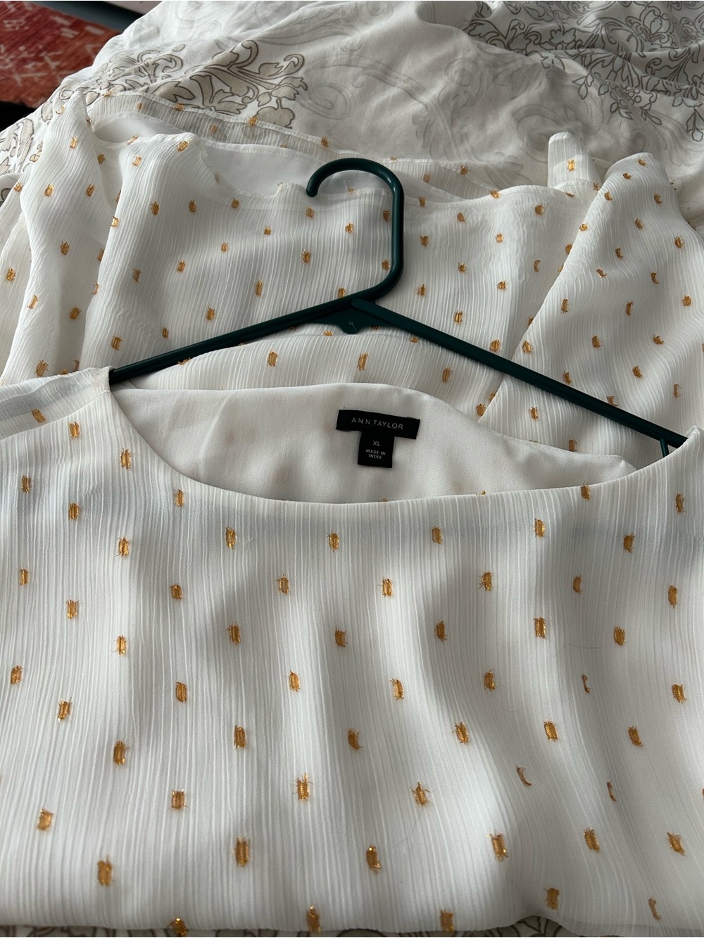 NWOT ANN TAYLOR Cream Blouse with Gold Dot Detail W/Sheer Sleeves, Button Cuffs - Picture 4 of 4